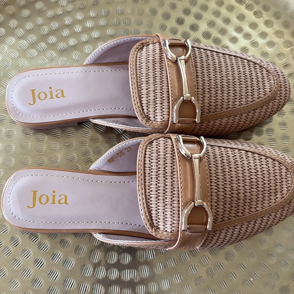 Tan Woven Mules with Gold Hardware - Picture 2 of 4